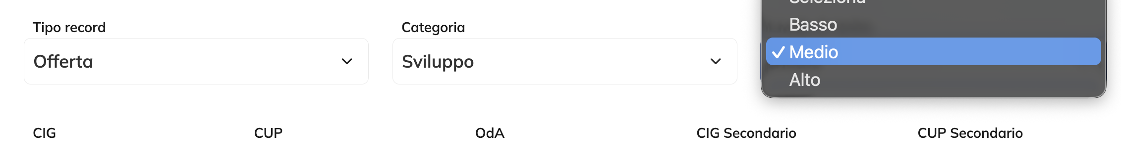 Tipo record, categoria e rischio